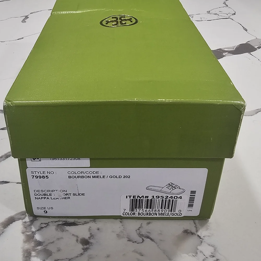 Tory Burch Women's Double T Sport Slides Bourbon Miele Gold Size 9 New - Picture 8 of 9